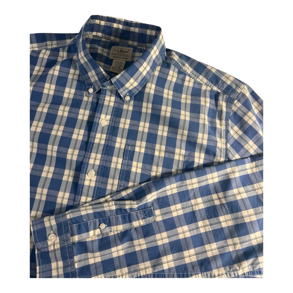 LL‎ Bean Men's Blue&White Check XL-Reg Button Down Long Sleeve CoolMax 25%